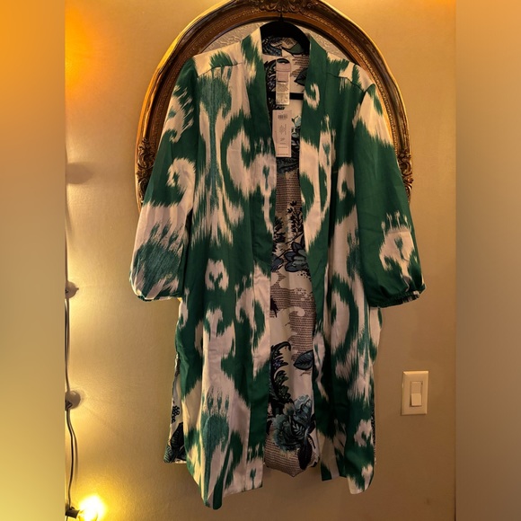 CHICO'S TROPIC EMERALD IKAT FLORAL PRINT REVERSIBLE DUSTER KIMONO TOP - Picture 2 of 7